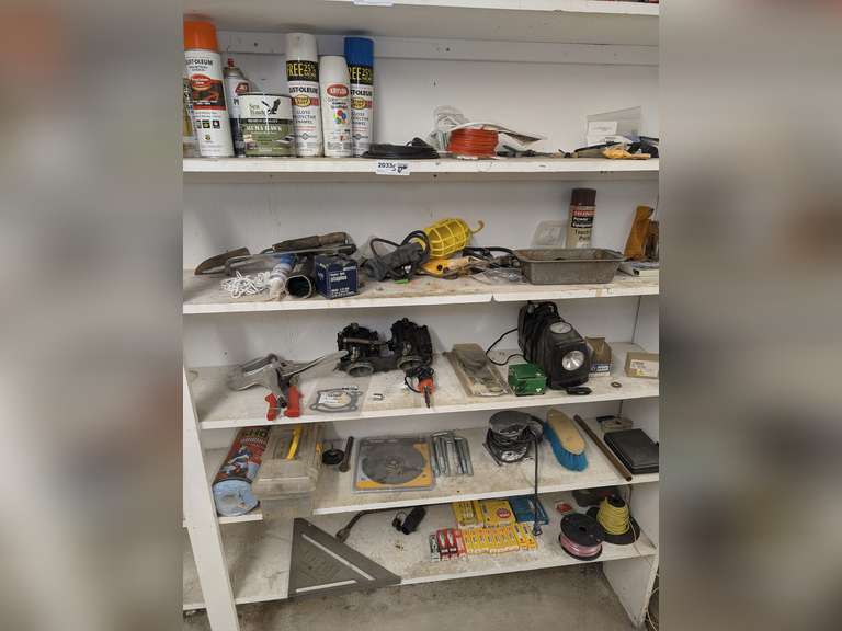 ALL ITEMS ON FIVE SHELVES MARKED 2033 INCLUDING PAINT, TRIMMER LINE, BUNGEE CORD, SHOP LIGHT, STUD SENSOR, U-BOLTS, TOOLS, NEW SPARK PLUGS, WIRING, AND MORE image