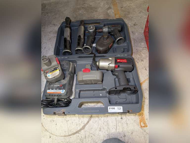 INGERSOLL RAND BATTERY POWERED TOOLS INCLUDING 90° RATCHETS, DRILL, AND 1/2 IN IMPACT, INCLUDES CASE, CHARGER, AND TWO BATTERIES image
