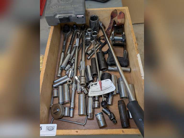 WOOD CRATE FILLED WITH RATCHETS, SOCKETS, TORQUE WRENCHES, AND MORE image