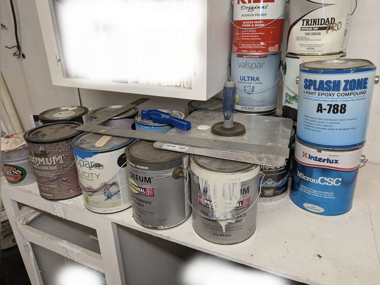 ALL ITEMS IN COUNTERTOP AREA MARKED 2018 INCLUDING PAINT, TWO-PART EPOXY COMPOUND, AND TOOLS image