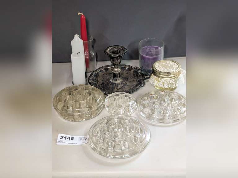 VINTAGE GLASS FLOWER FROGS, ANTIQUE SILVER PLATE CANDLESTICK, AND CANDLES image