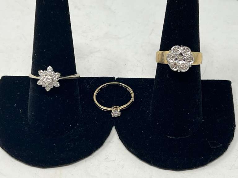 Ladies fashion rings, includes two cluster rings, three pieces total, two are stamped 10 K, one is stamped 14 K, NOT VERIFIED, see pictures for details. image