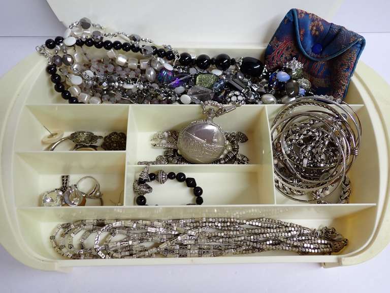 Box Lot of Costume Jewelry, Necklaces, Bracelets, Rings, Pocket Watch image
