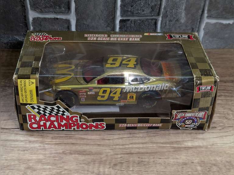 VINTAGE RACING CHAMPIONS 1:24 SCALE DIECAST BANK IN ORIGINAL BOX, NUMBER 94 MCDONALD'S 50TH ANNIVERSARY NASCAR image