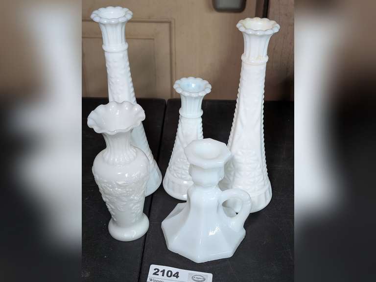 VINTAGE MILK GLASS VASES AND CANDLESTICK INCLUDING THREE ANCHOR HOCKING STARS AND BARS, AND IMPERIAL GLASS LOGANBERRY PATTERN image