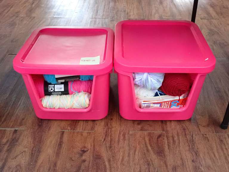 Two Pink Storage Bins Filled with Crafting Yarn and Supplies image