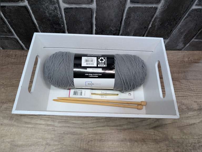 DECORATIVE SLAT STORAGE BOX WITH ACRYLIC YARN AND CROCHET TOOLS image