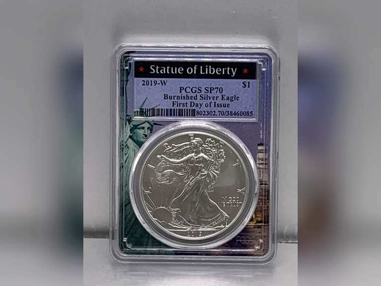 2019-W STATUE OF LIBERTY $1 PCGS SP70 BURNISHED SILVER EAGLE FIRST DAY OF ISSUE PCGS GRADED COIN IN CASE image