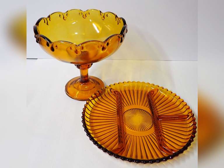 Vintage Amber Glass Pedestal Bowl and Divided Dish image