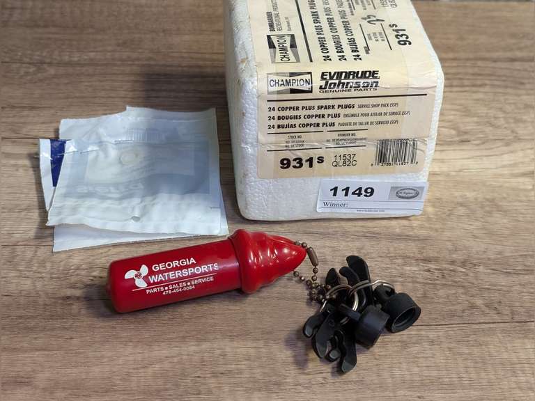 24 EVINRUDE / JOHNSON CHAMPION QL82C SPARK PLUGS, FLOAT KEYCHAIN WITH MULTIPLE BRAND KILL SWITCH ADAPTERS, AND OMC PLASTIC GEAR CASE DRAIN PLUG SEALS image