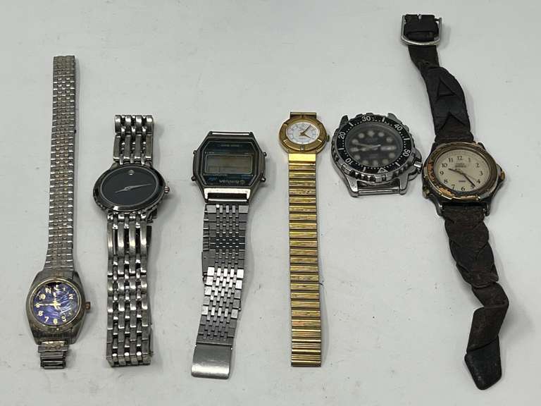 Assorted watches, six pieces, one has no band, one is damaged, three have broken bands, see pictures for details. image