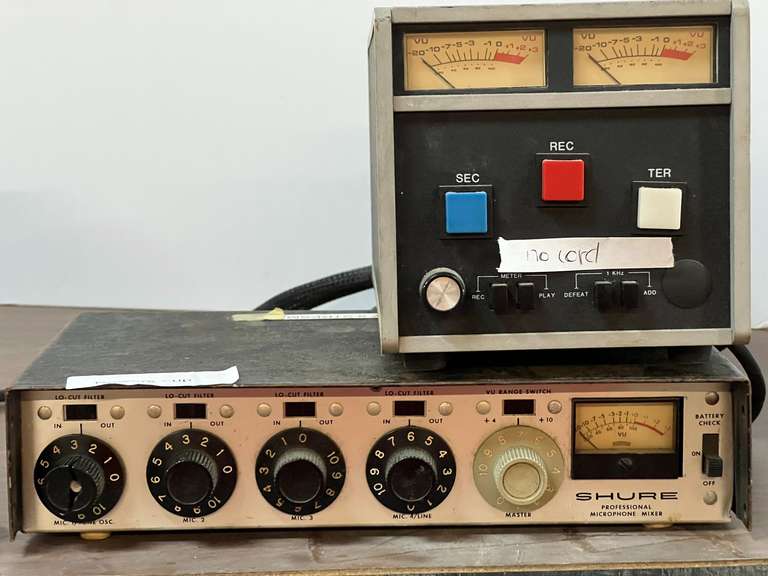 Shure professional microphone mixer, powers up, working condition unknown, ITC Delta Cart Machine, a type of broadcast equipment primarily used in radio stations for playing and recording audio on tape cartridges, not tested, no cord, working condition unknown, see pictures for details. image
