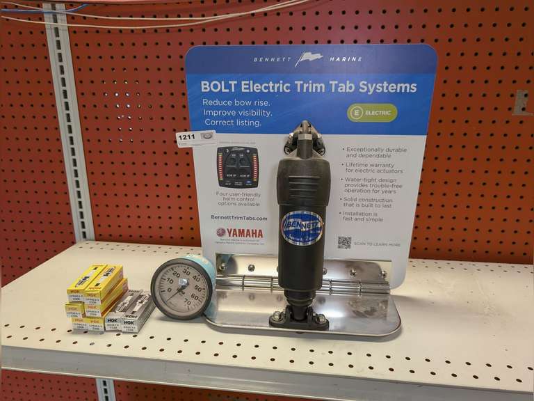 BENNETT TRIM TAB RETAIL DISPLAY, FARIA BOAT SPEEDOMETER, AND SPARK PLUGS image