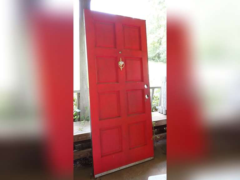 Large Vintage Red Painted Wood Entry Door - See photos for size. White on opposite side. image