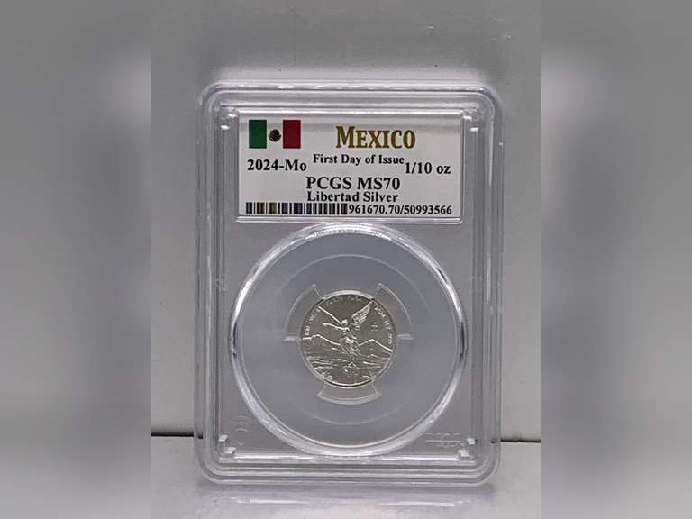 2024-MO 1/10 OZ LIBERTAD SILVER MEXICO FIRST DAY OF ISSUE PCGS MS70 GRADED COIN IN CASE image