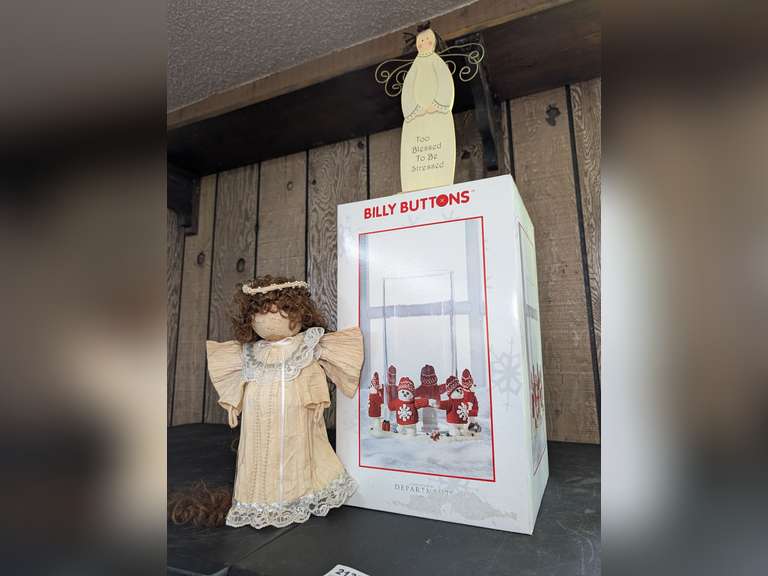 LARGE DEPARTMENT 56 BILLY BUTTONS CLEAR GLASS VASE IN ORIGINAL BOX PLUS OLD HANDCRAFTED ANGEL DOLL AND TWO BLESSED TO BE STRESSED image