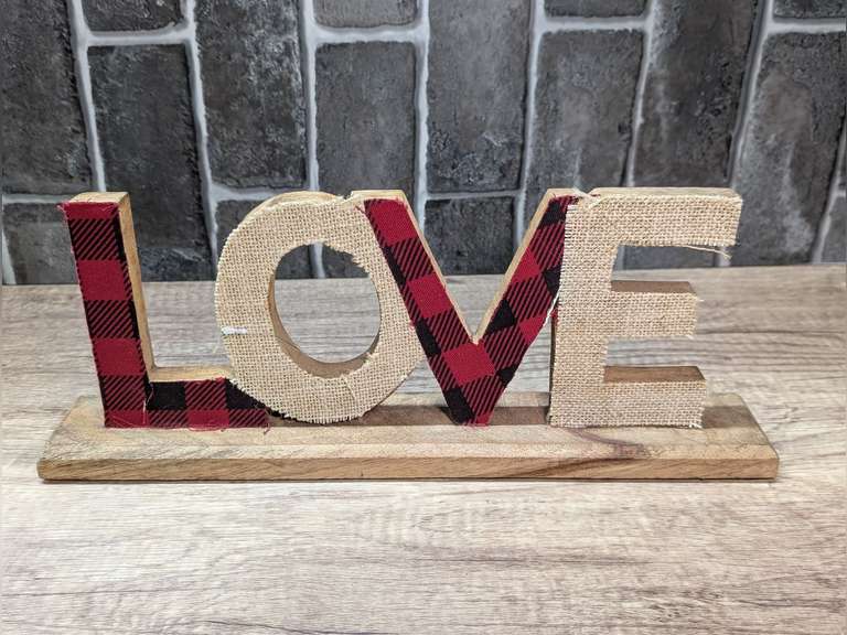 PRIMITIVE WOOD AND FABRIC LOVE SIGN image