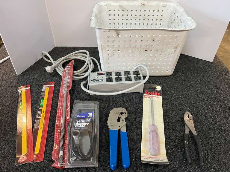 Hand tool assortment,, includes crimper, long drillbit, 30 inch, two gauge battery cable, and more. See pictures for details. image