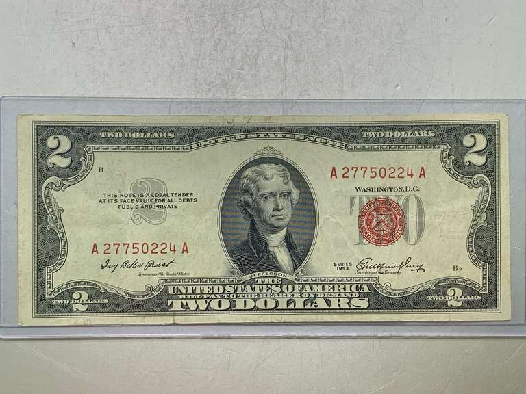 $2 RED SEAL UNITED STATES NOTE DOUBLE NUMBER 1953 SERIAL NO A27750224A image