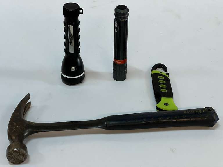 Hand tools to include an Estwing hammer, pocket knife, and flashlight. Tub is not included, see pictures for details. image