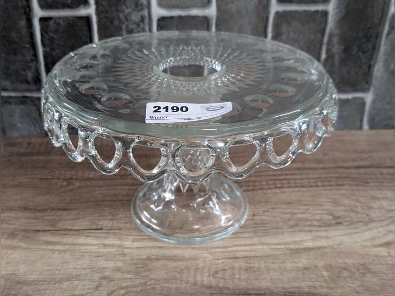 MCKEE CLEAR GLASS PLYMOUTH OPEN LACE PEDESTAL CAKE STAND image