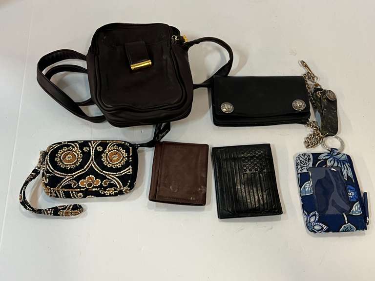 Small ladies handbag, men’s wallets, and change purses, six pieces total, see pictures for details. image