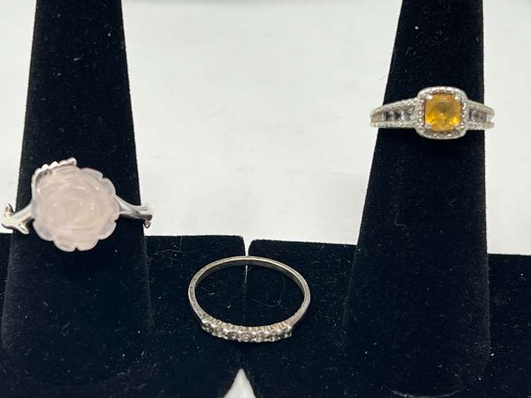 Lovely ladies rings, three pieces, all are stamped 925, includes a carved rose quartz ring, see pictures for details. image