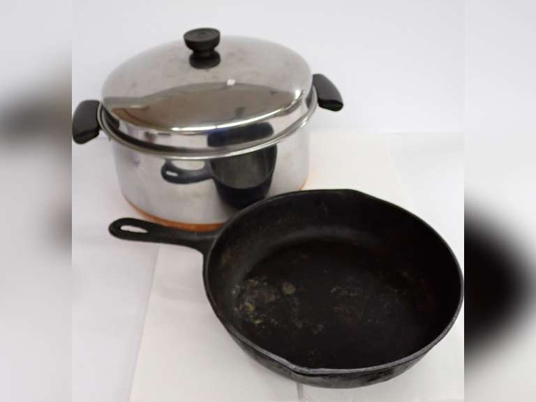 Stainless Steel Pot (Consignor states Revere Ware) and Cast Iron Skillet image