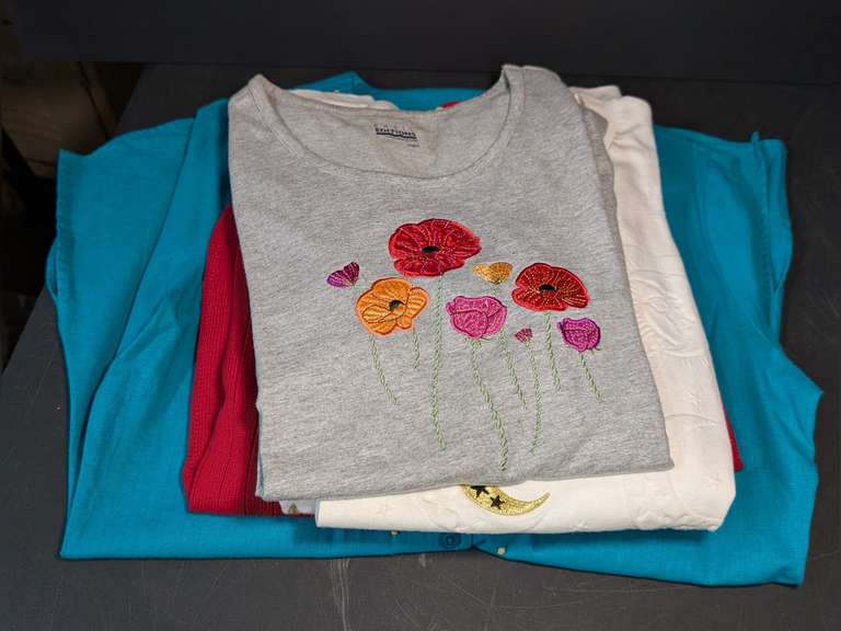 FOUR SIZE LADIES' FASHION SHIRTS, TURTLENECK SWEATER, AND CARDIGAN, ALL OR MOSTLY SIZE M image