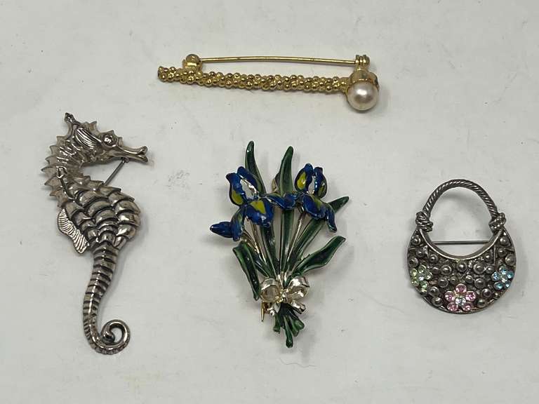 Lovely fashion estate brooches, four pieces to include a unique enameled Iris brooch, see details. image