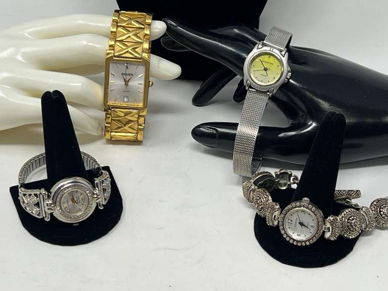 Ladies fashion estate dress watches to include Geneva, Gruen, Kathy Ireland, and Rumours, four pieces, see pictures for details. image