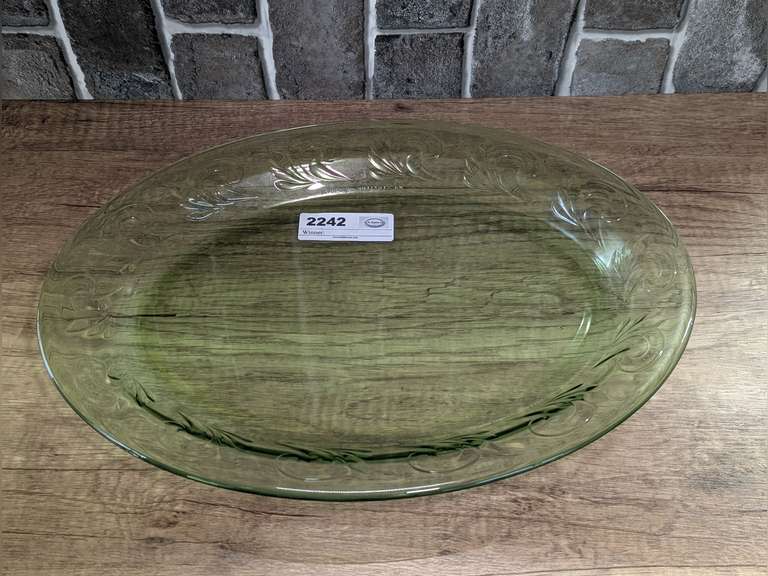 VINTAGE GREEN GLASS OVAL PLATTER, MADE IN USA image