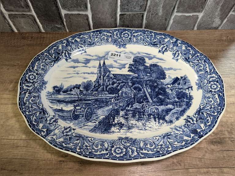 18" OVAL BLUE AND WHITE POTTERY SERVING PLATTER image