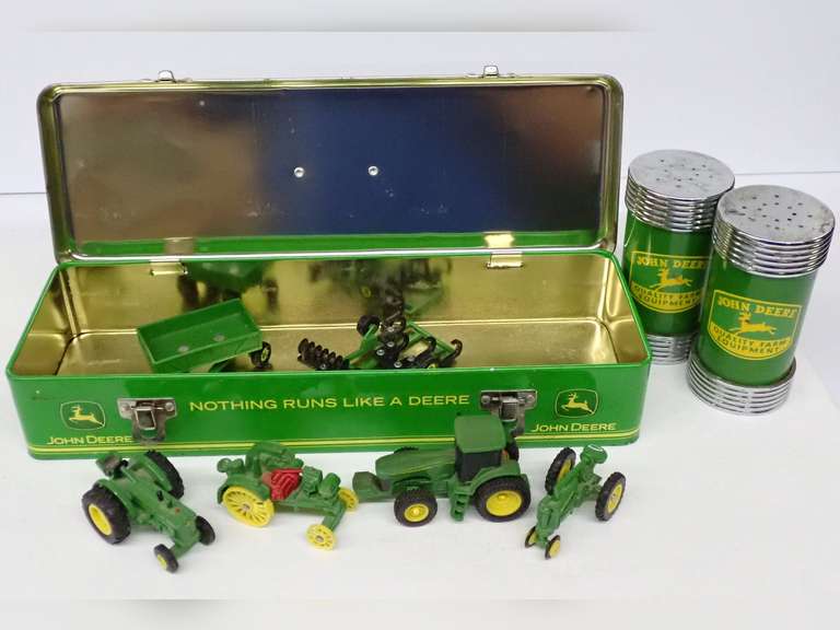 John Deere Tin Box with Farm Toys and Salt & Pepper Shakers image