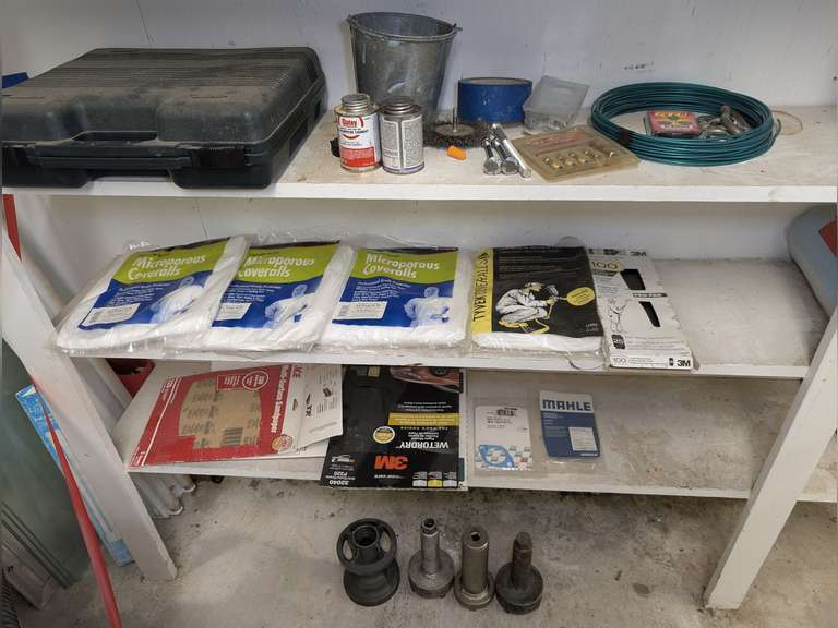 ALL ITEMS ON THREE SHELVES AND FLOOR BENEATH INCLUDING MICROPOROUS COVERALLS, WIRE, TOOLCASE, BEARING CARRIER, BEARING CARRIER TOOLS, AND MORE image