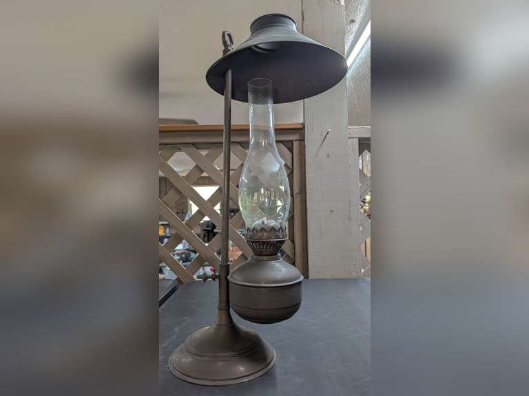 ANTIQUE COPPER OIL LAMP WITH STAND AND SHADE image