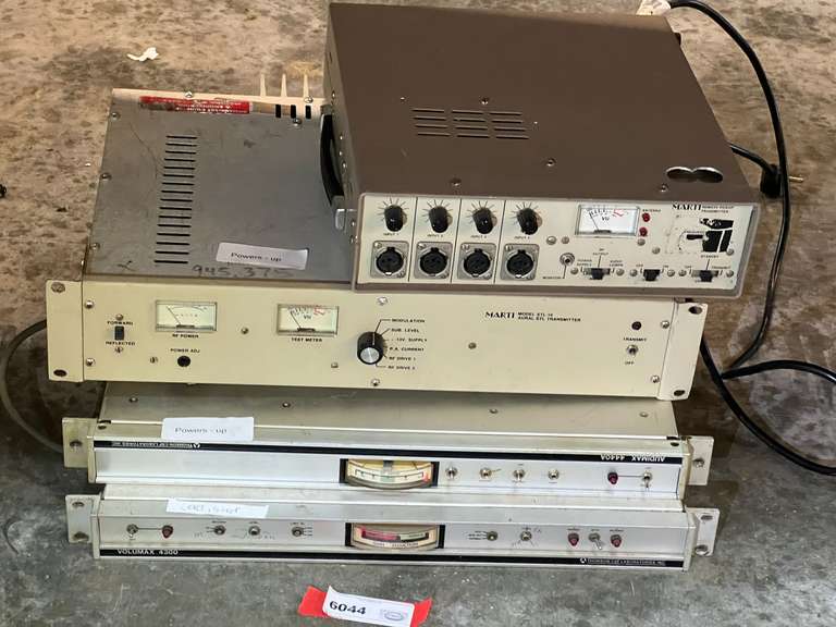 Two vintage audio processing units,  Thomson-CSF Laboratories Volumax 4300, cord is cut, working condition unknown, and a Thomson-CSF Laboratories Audimax 4440A, powers up, working condition unknown, also includes a Marti STL – 10 aural STL transmitter, powers up, working condition unknown, and Marti Electronics RPT-30 Series Remote Pickup (RPU) Transmitter, working condition unknown, see pictures for details. image