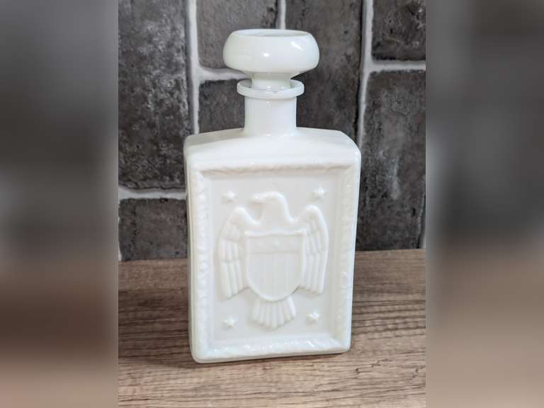 VINTAGE J.W. DANT AMERICANA COLLECTION "BOSTON TEA PARTY" MILK GLASS DECANTER image