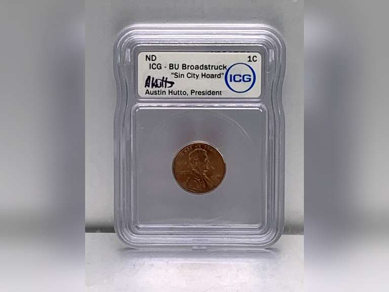 1998 AUSTIN HUTTO SIGNED BY BROADSTRUCK ERROR "SIN CITY HOARD" ICG GRADED COIN IN CASE image