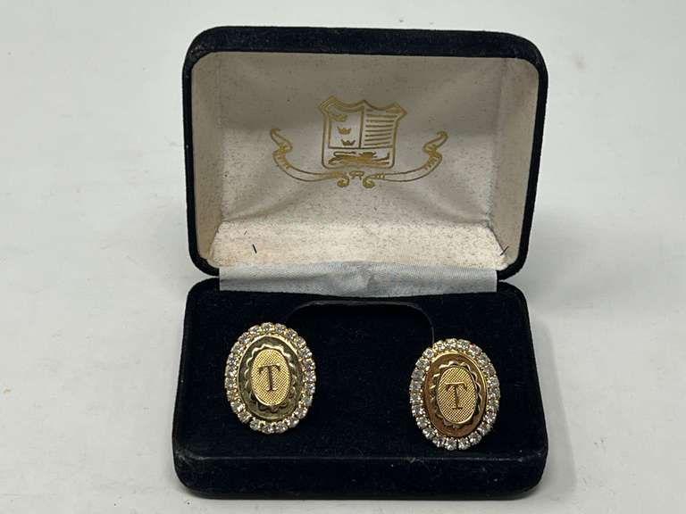 Gold tone and rhinestone initial cufflinks, see pictures for details. image