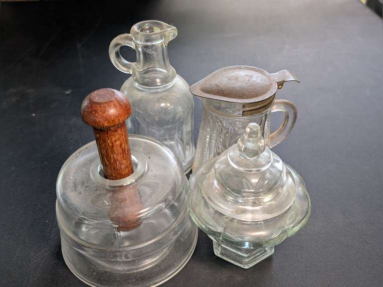 VINTAGE GLASS SERVING PIECES AND MORE INCLUDING COW MOTIF PRESS, OLD FORMAL GLASS SYRUP, AND MORE image