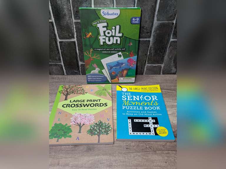 UNUSED LARGE PRINT PUZZLE BOOKS AND SKILLMATICS PEEL & PRESS FOIL FUN IN FACTORY SEALED BOX image