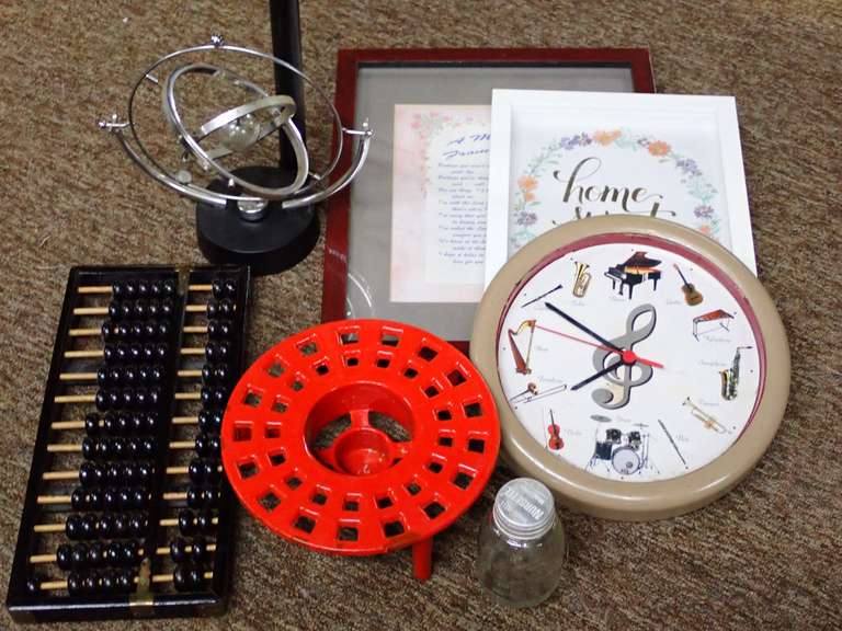 Mixed Lot: Metal Gyroscope, Framed Art, Abacus, Nursette Bottle, Clock, & More image