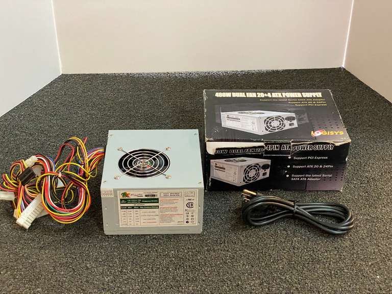 Logisys 480 W dual fan 20+4 ATX power supply unit, comes in original box, see pictures for details. image