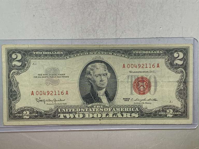 $2 RED SEAL UNITED STATES NOTE 1963 SERIAL NO A0049211GA image