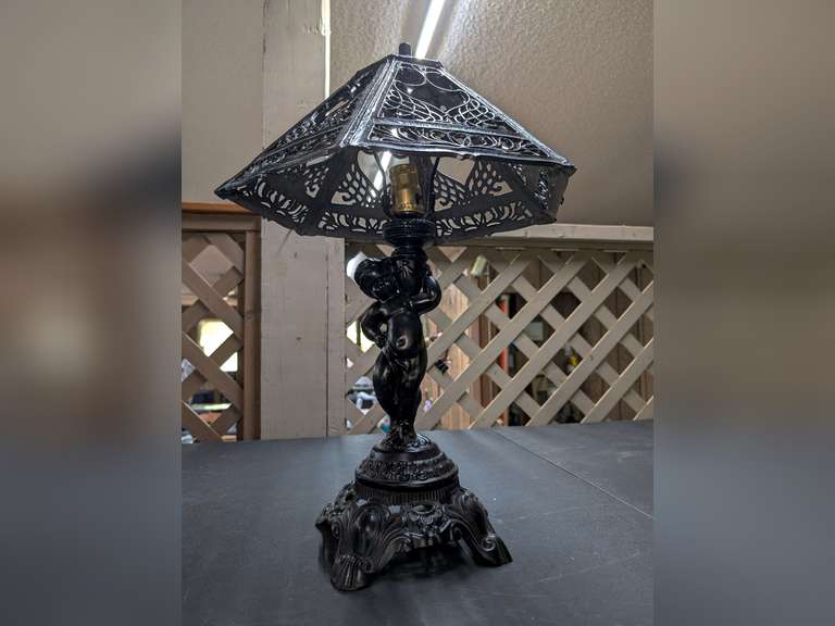 ORNATE HEAVY METAL TABLE LAMP WITH METAL SHADE image
