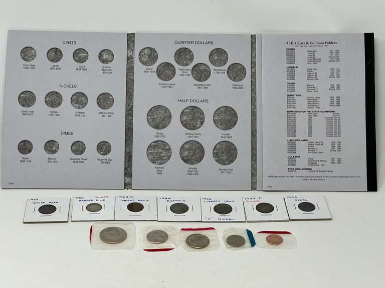 Coins of the 20th century, includes an H.E. Harris coin folder with 12 starter coins, some silver, and some from mint sets, see pictures for details. image