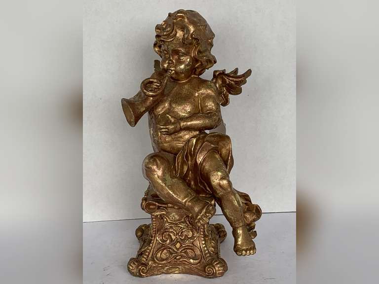 GOLD TONE CHERUB ON A PEDESTAL DECOR 12" TALL image