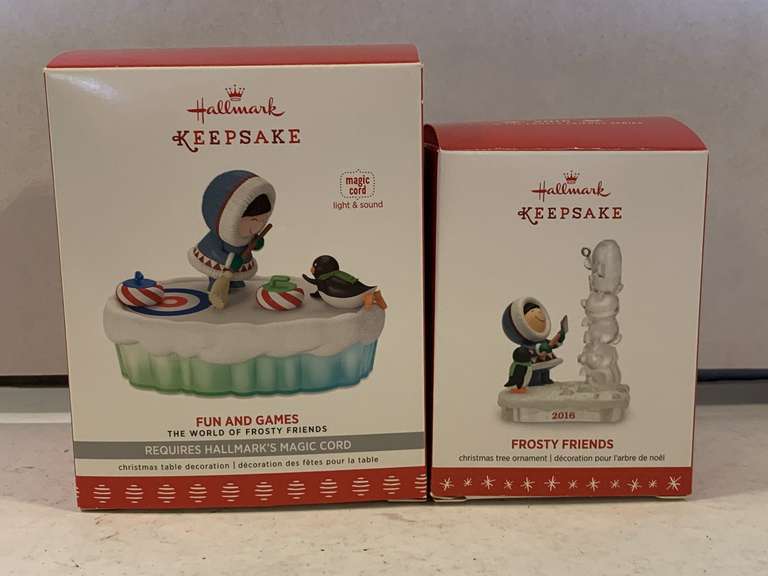 2 NEW HALLMARK ORNAMENTS "2017 FUN AND GAMES" (WITH LIGHT & SOUND) & "2016 FROSTY FRIENDS" image