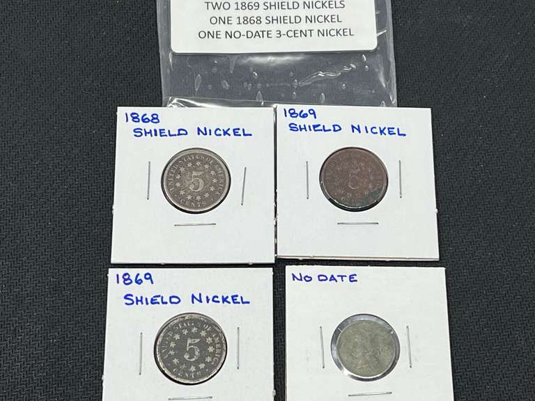 1868, and 1869 shield nickles, also includes a 3-cent nickel, no date, see pictures for details. image